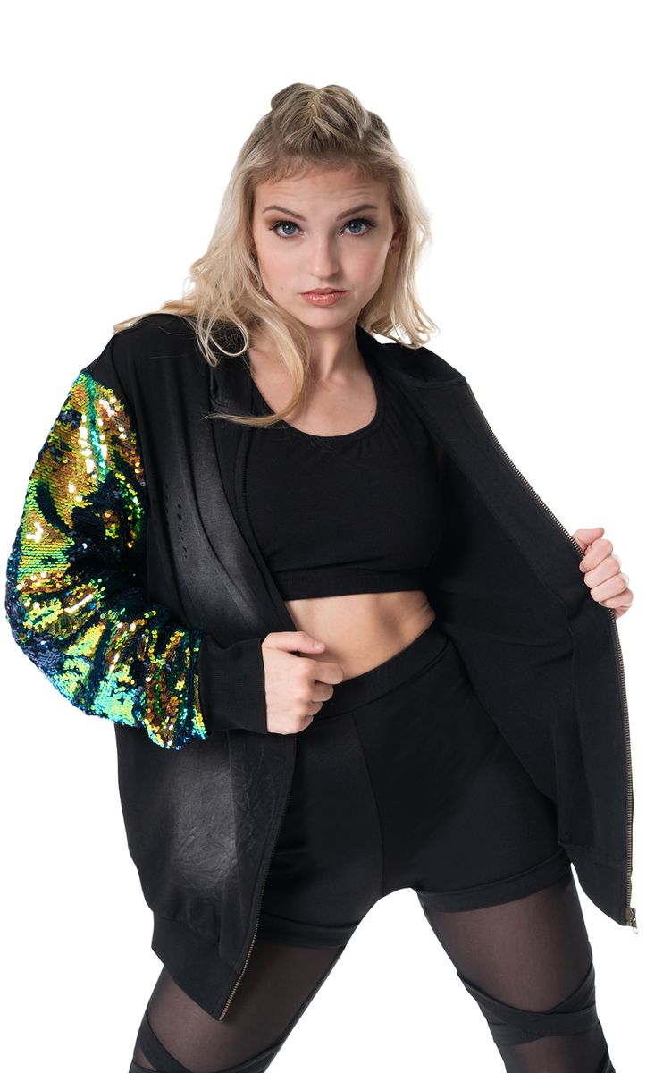 DISTRESSED SEQUIN SLEEVE HOODIE